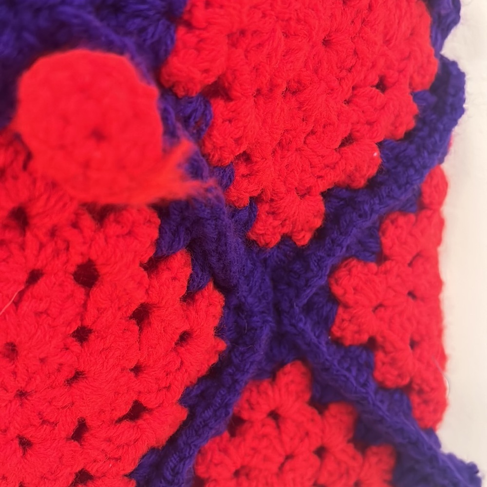 Hand Crocheted Knit Yarn Boho Tote Red Purple Purse Shoulder Bag Retro Granny - Picture 10 of 16